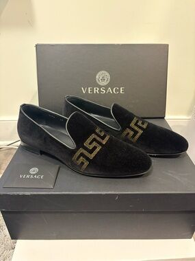 Versace Black Velvet Slip-On Loafers with Gold Greek Key